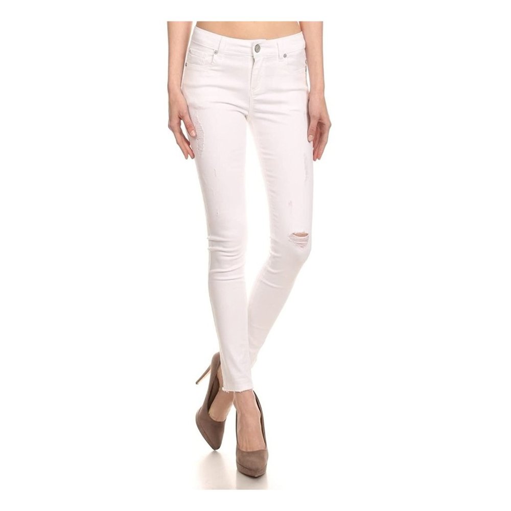 Enjean Distressed Ankle Skinny Jeans w/Frayed Hem